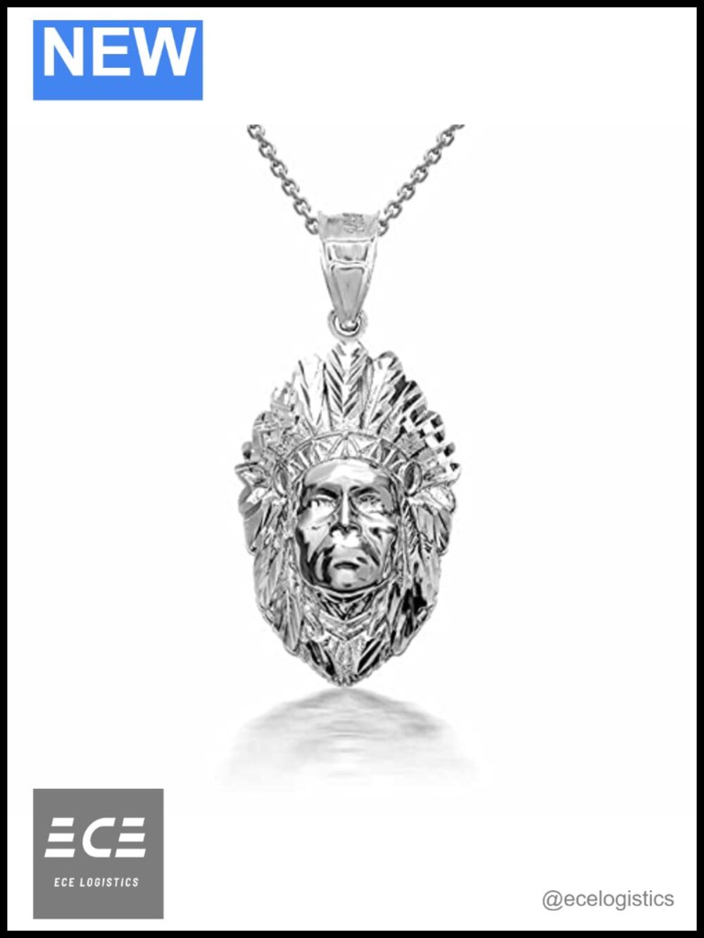 Sterling Silver Native American Chief Head Pendant Necklace with Rolo Chain